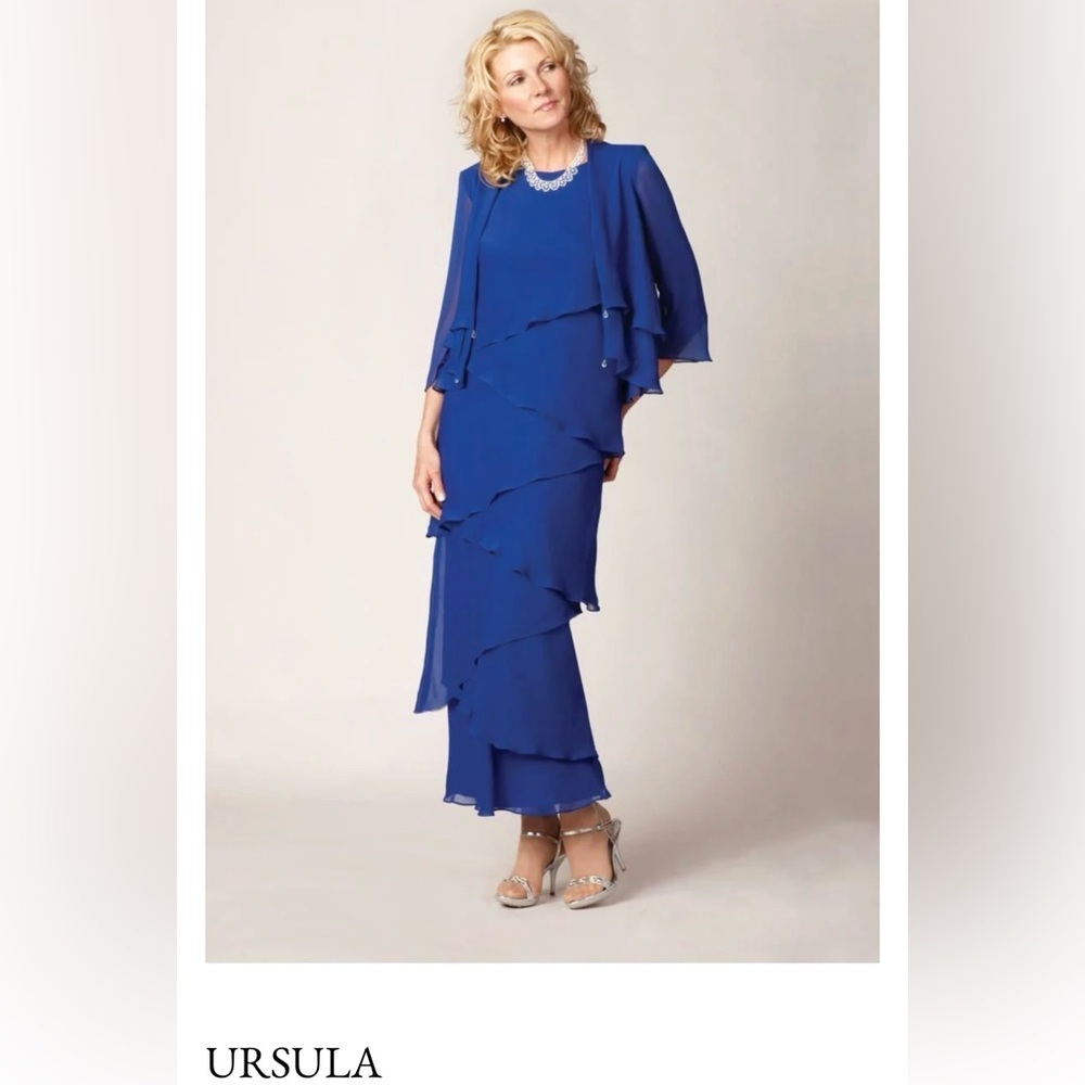 NWOT Ursula of Switzerland Royal Blue Silky Chiffon 2 Piece Formal Gown size 12